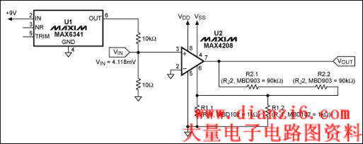 Figure 2. MAX4208 configured with external rejustors provides a gain of 360V/V.