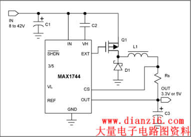 Figure 1. Typical asynchronous buck converter based on the MAX1744 control IC.